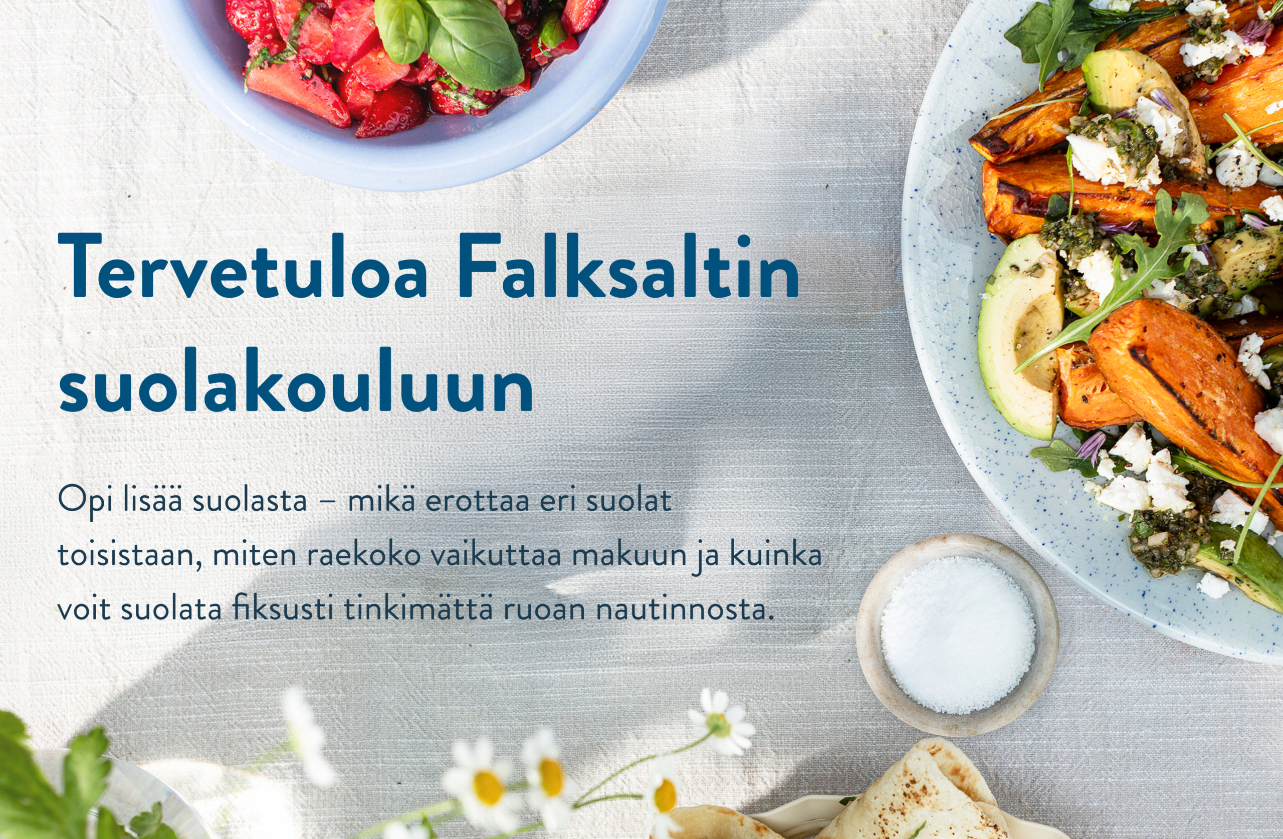 Tervetuloa Falksaltin suolakouluun Opi lisää suolasta – mikä erottaa eri suolat toisistaan, miten raekoko vaikuttaa makuun ja kuinka voit suolata fiksusti tinkimättä ruoan nautinnosta.
